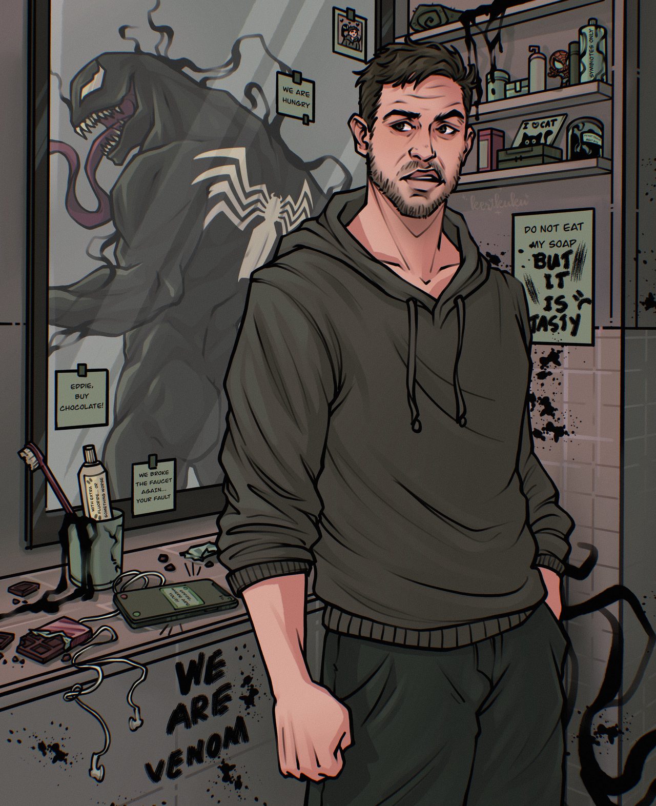 Eddie Brock in a bathroom covered in Venom's sticky notes, symbiote grinning in the mirror