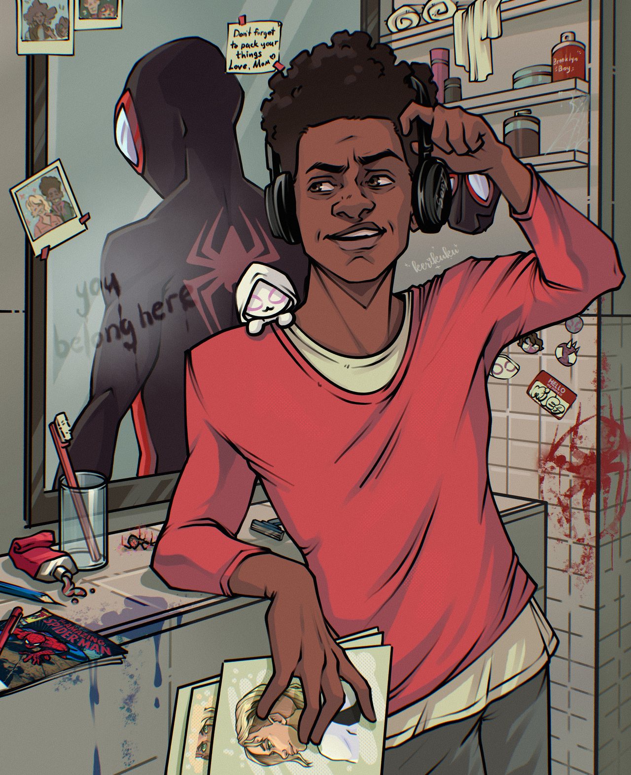 Miles Morales in headphones at the bathroom mirror, Spider-Man suit reflected behind him