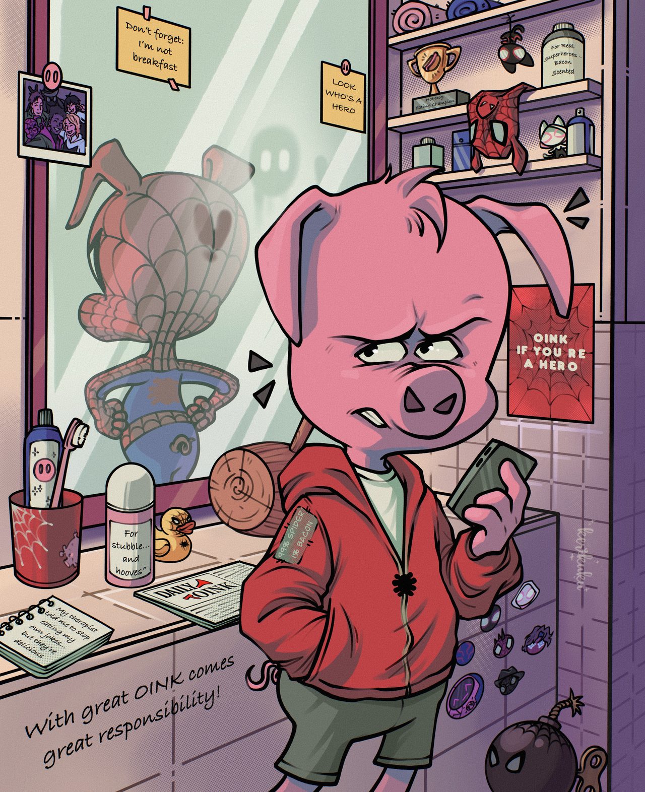 Spider-Ham in a red hoodie checking his phone, 'With great OINK comes great responsibility'